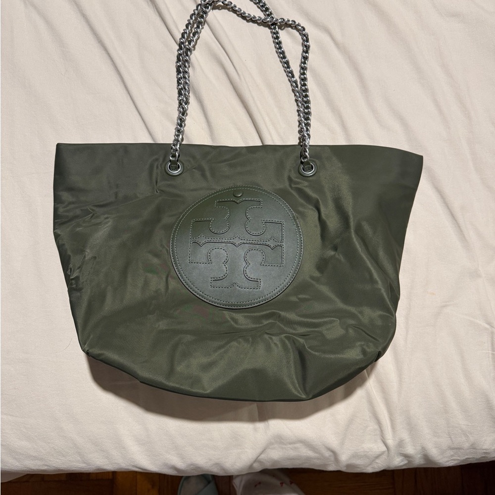 Tory Burch Ella Olive Nylon Logo Tote with Silver Chain Straps